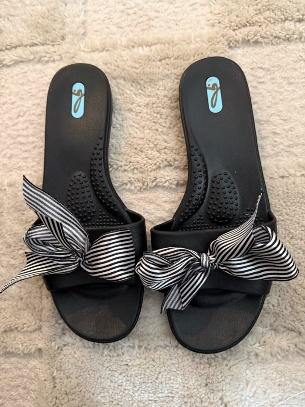 OKA BEE Black Slide Sandals with Striped Bow - Women